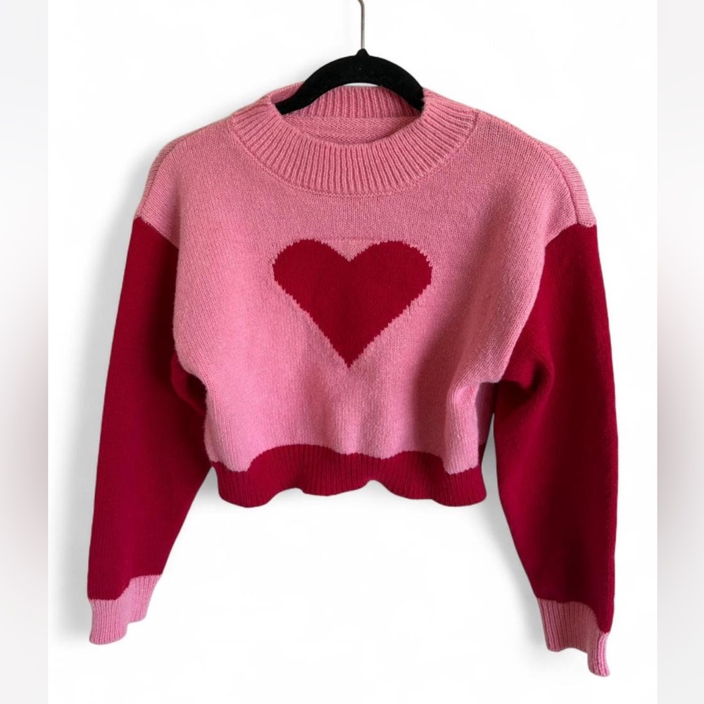 SHEIN Pink and Red Heart Crew Neck Sweater